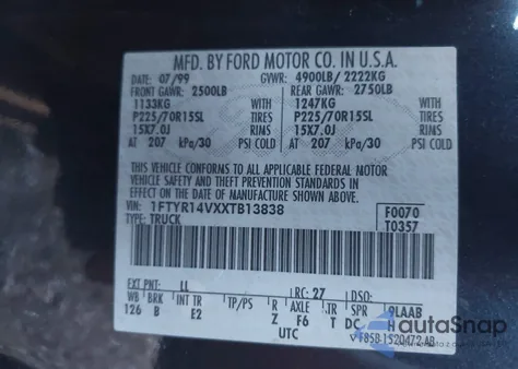 1999 Ford Ranger Xl/Xlt from USA, damaged, VIN 1FTYR14VXXTB13838